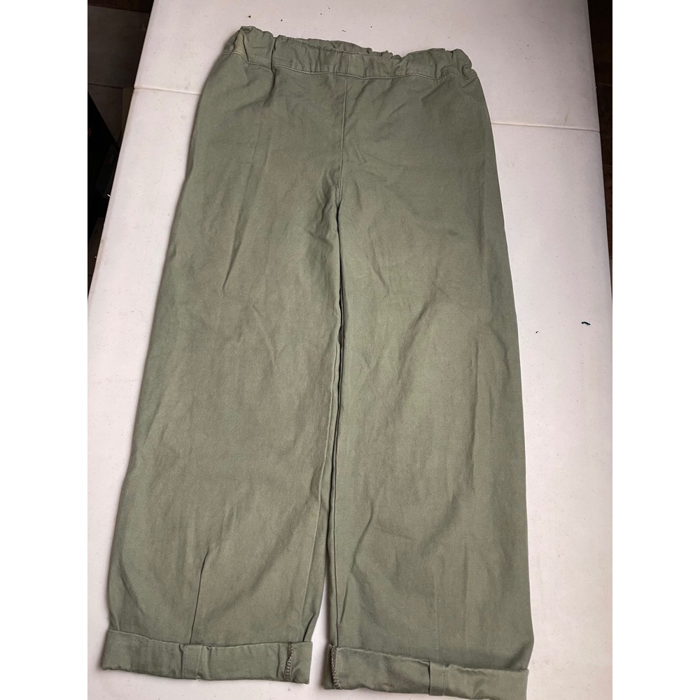 Olive Green Elastic Waist Wide Leg Pull On Pants with Cuffed Hem Detail